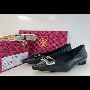 NWB Tory Burch Gigi 20mm Embellished Pointy Toe Flats Black Leather